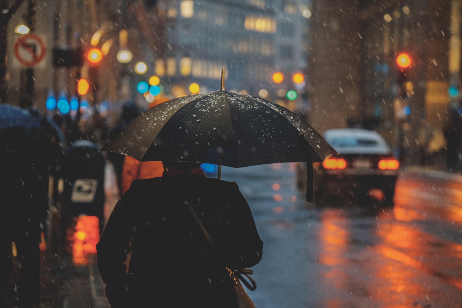 person walking on street and holding umbrella while raining with vehicle nearby